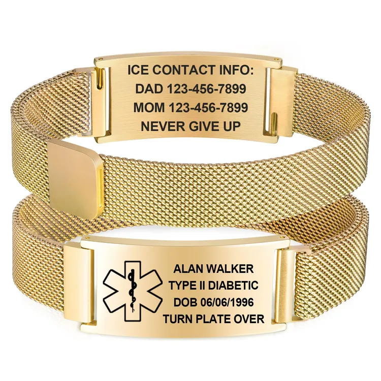 engraved medical information bracelet gold stainless steel curved tag medical symbol bracelet magnetic strap curved tag bracelet 3