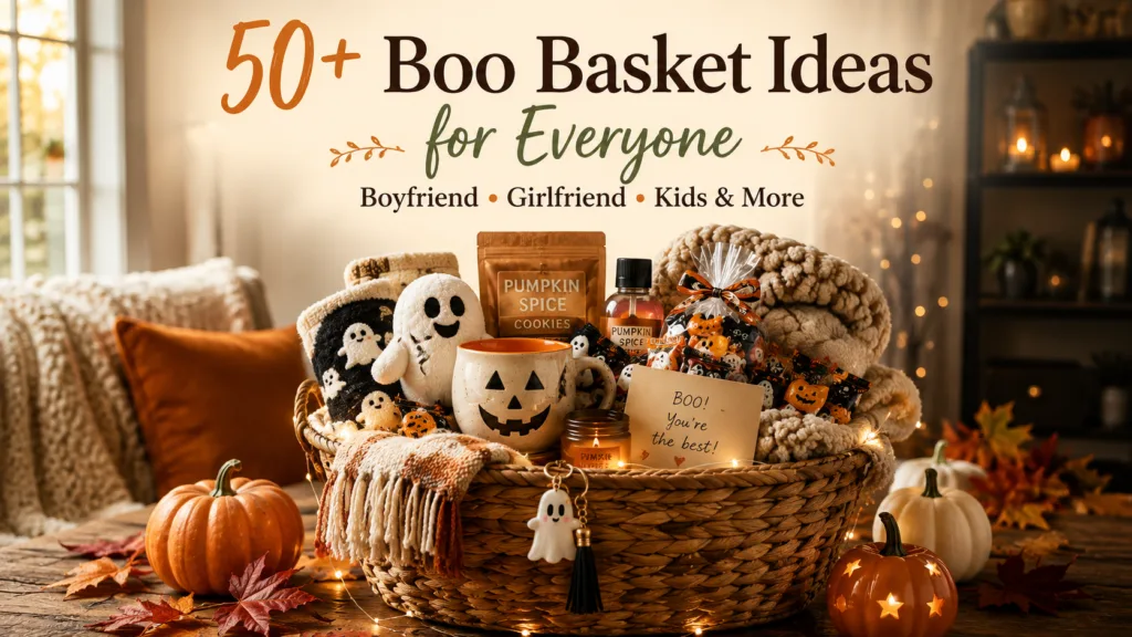 Halloween boo basket filled with cozy fall gifts, candy, seasonal treats and gift ideas for everyone