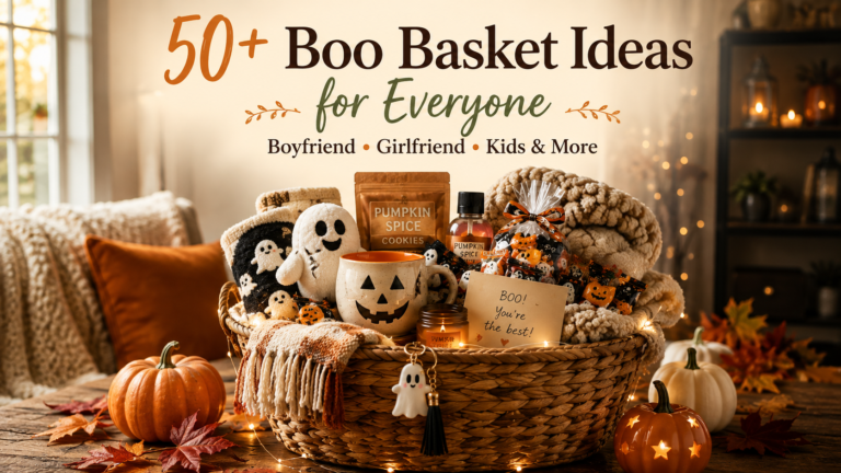 Halloween boo basket filled with cozy fall gifts, candy, seasonal treats and gift ideas for everyone