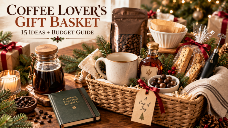 Christmas coffee gift basket with whole-bean coffee, ceramic mug, pour-over dripper, biscotti, flavored syrup and cold brew carafe.